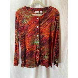 Chico's Nylon Sheer Long Sleeve Bright Button Front Long Sleeve Top Large